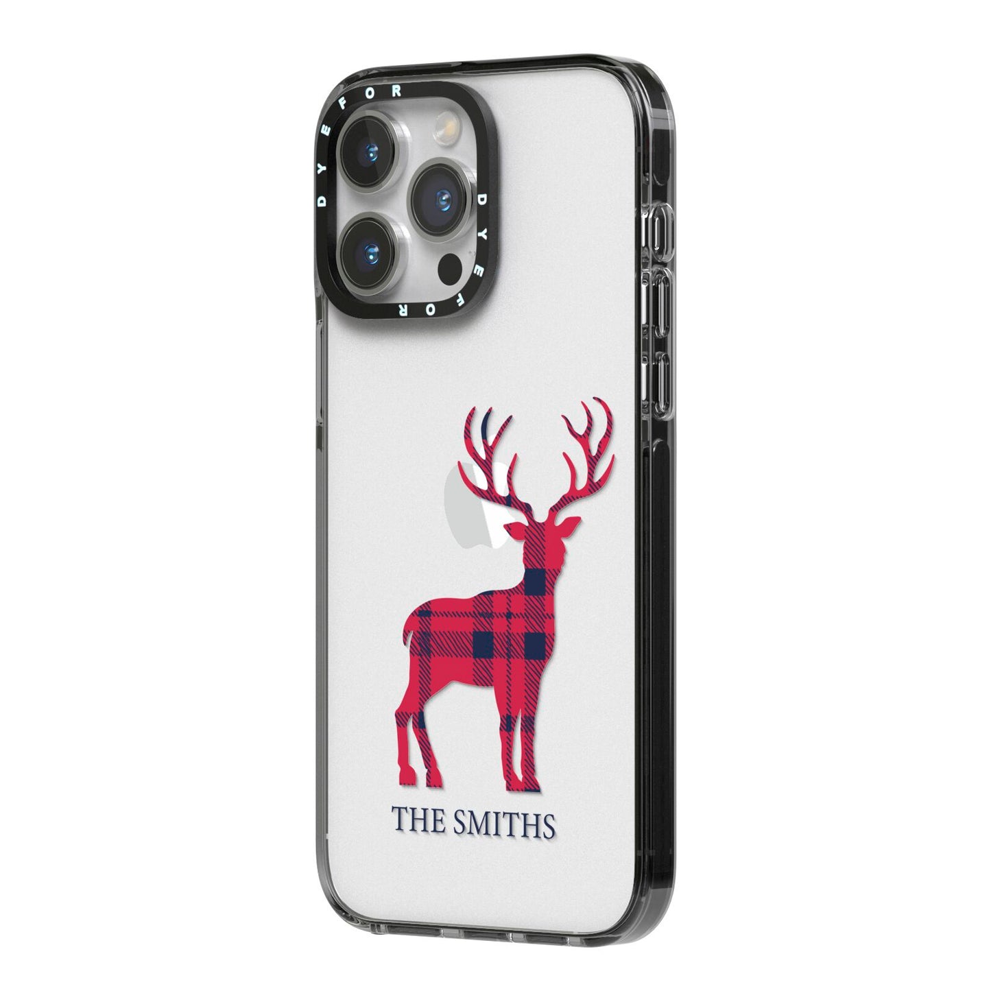 Christmas Tartan Reindeer Personalised iPhone 14 Pro Max Black Impact Case Side Angle on Silver phone