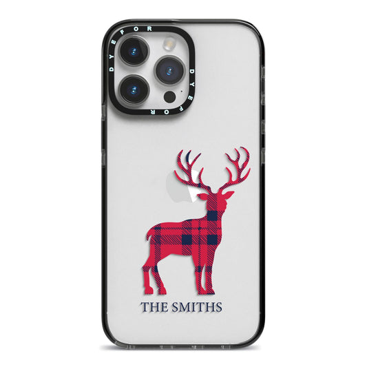 Christmas Tartan Reindeer Personalised iPhone 14 Pro Max Black Impact Case on Silver phone