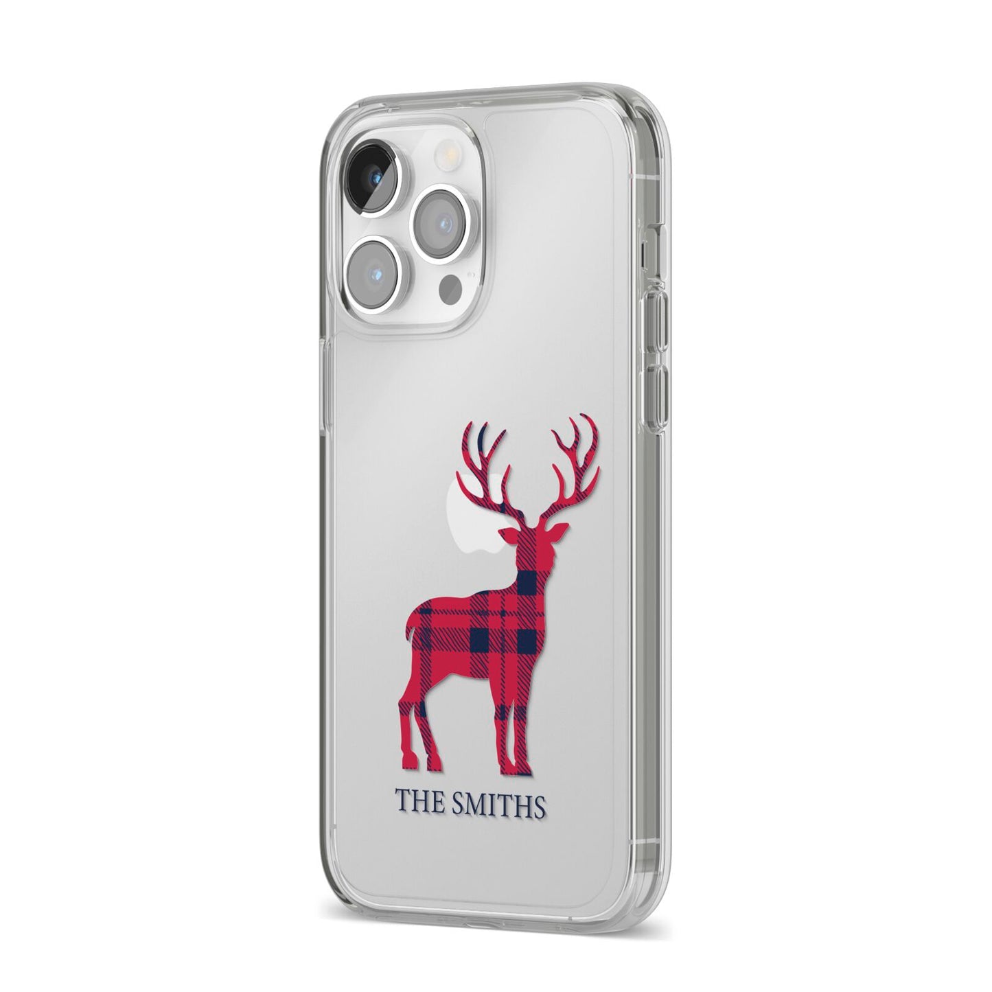 Christmas Tartan Reindeer Personalised iPhone 14 Pro Max Clear Tough Case Silver Angled Image