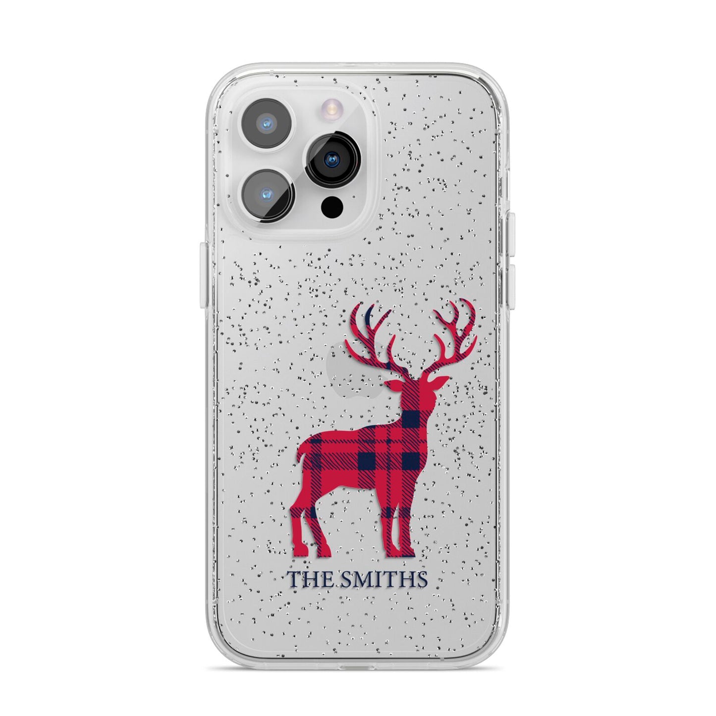 Christmas Tartan Reindeer Personalised iPhone 14 Pro Max Glitter Tough Case Silver