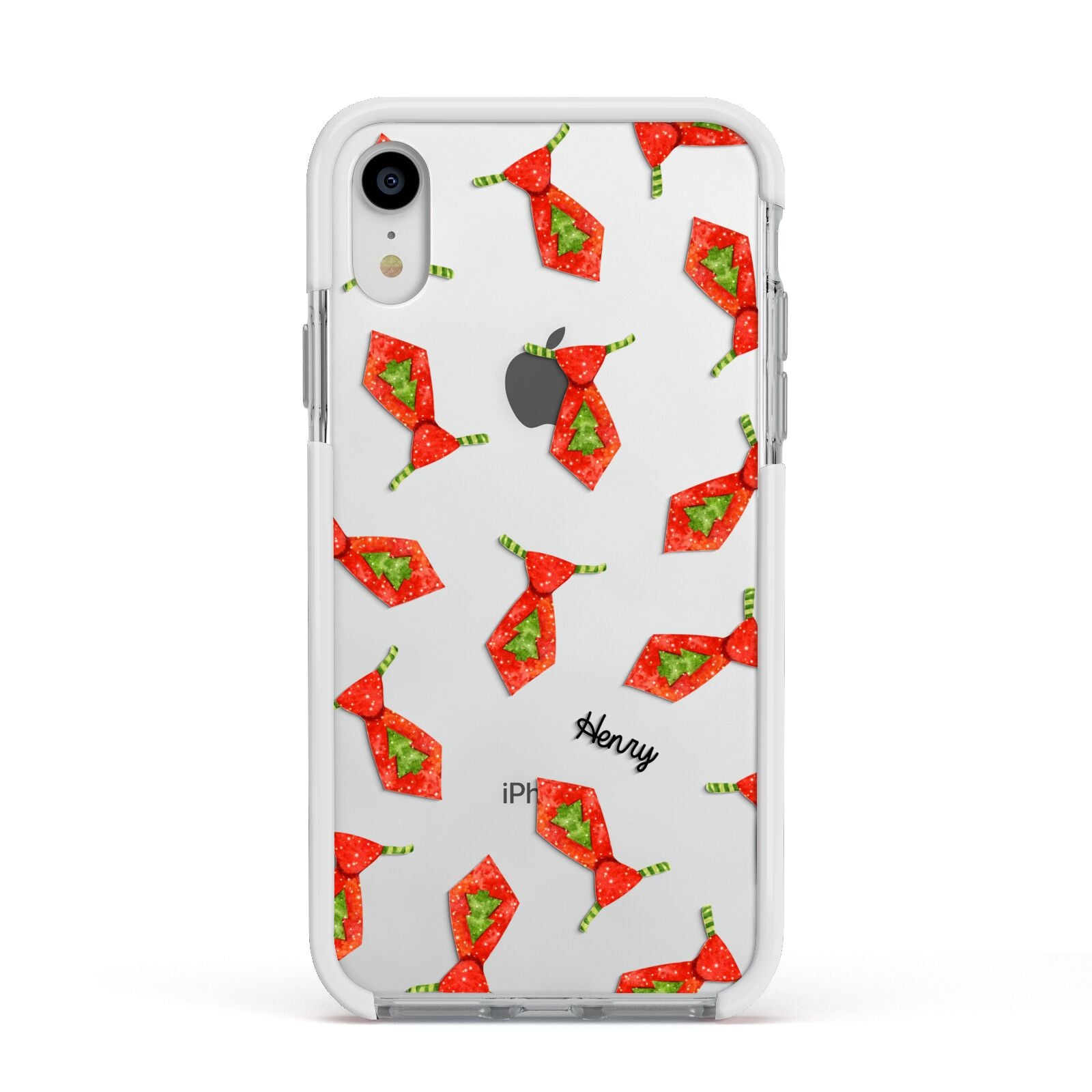 Christmas Tie Pattern Apple iPhone XR Impact Case White Edge on Silver Phone