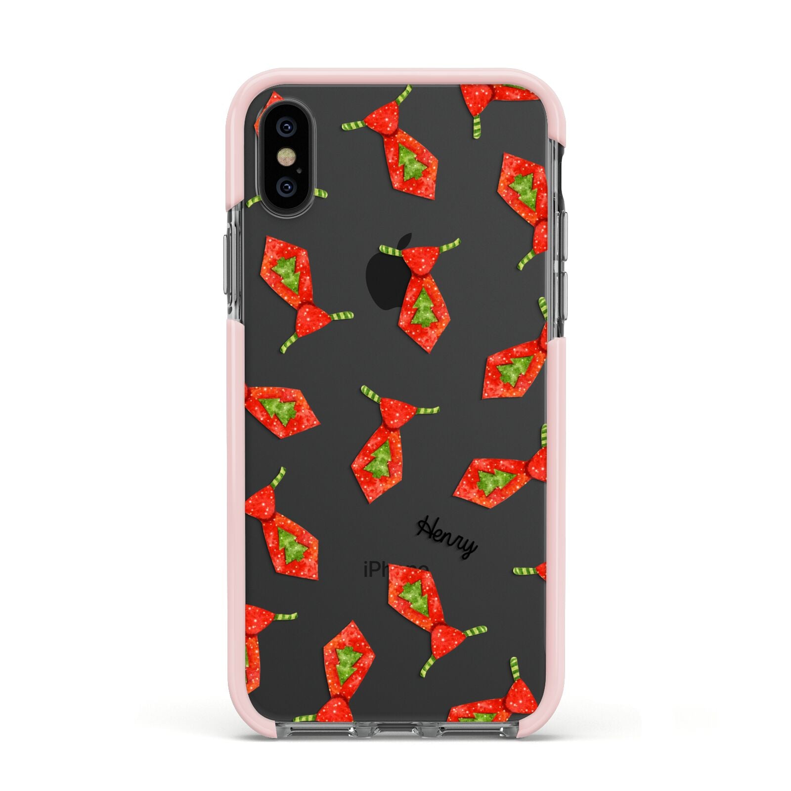 Christmas Tie Pattern Apple iPhone Xs Impact Case Pink Edge on Black Phone