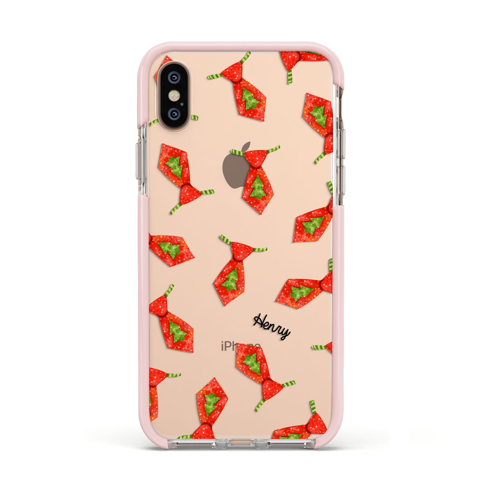 Christmas Tie Pattern Apple iPhone Xs Impact Case Pink Edge on Gold Phone