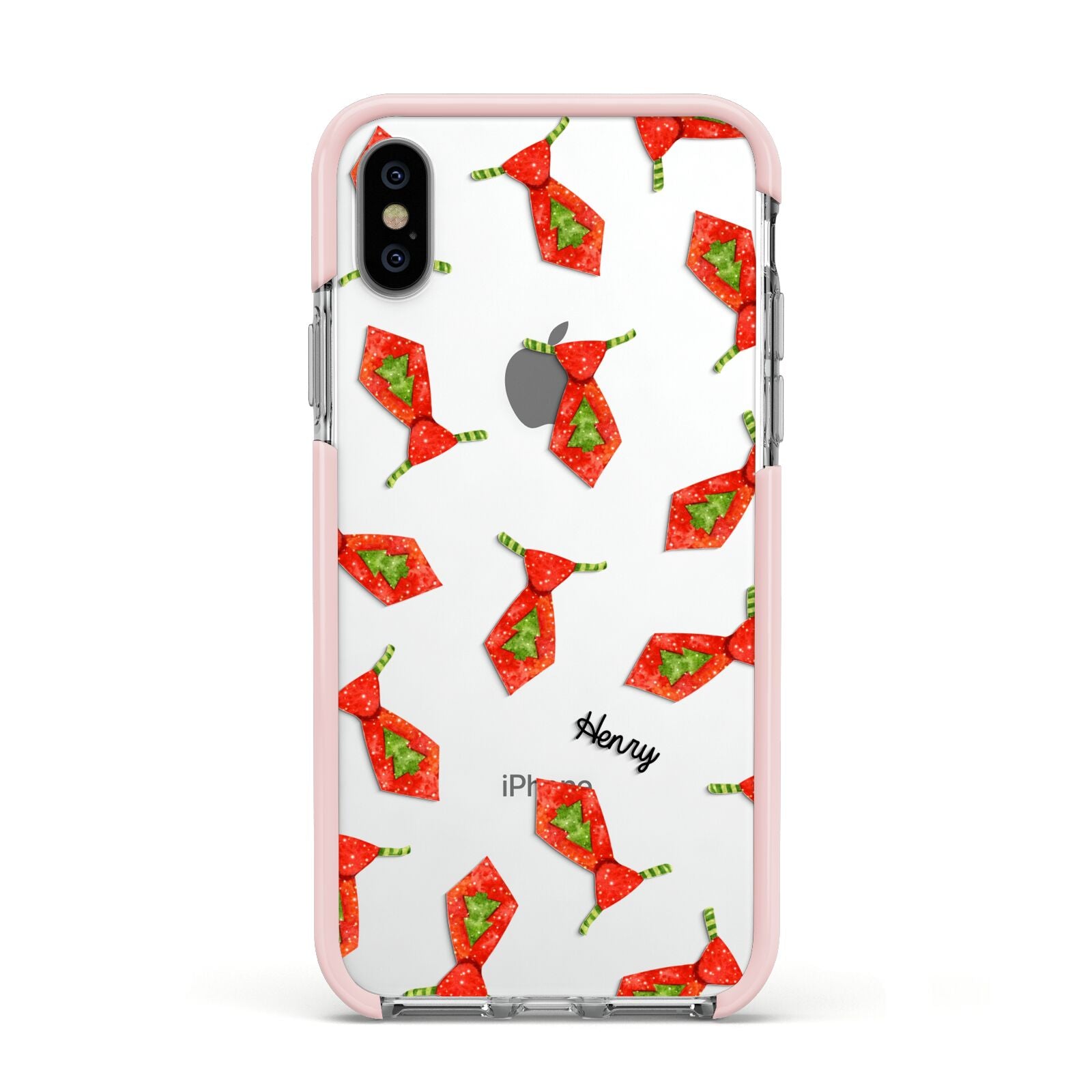 Christmas Tie Pattern Apple iPhone Xs Impact Case Pink Edge on Silver Phone