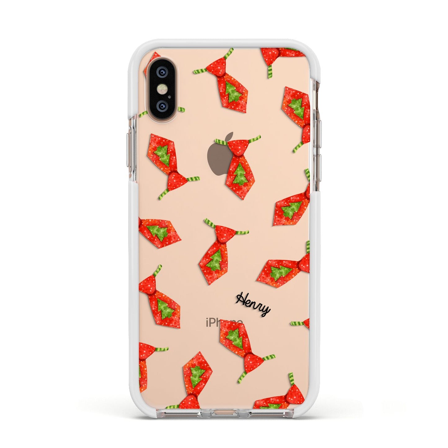 Christmas Tie Pattern Apple iPhone Xs Impact Case White Edge on Gold Phone