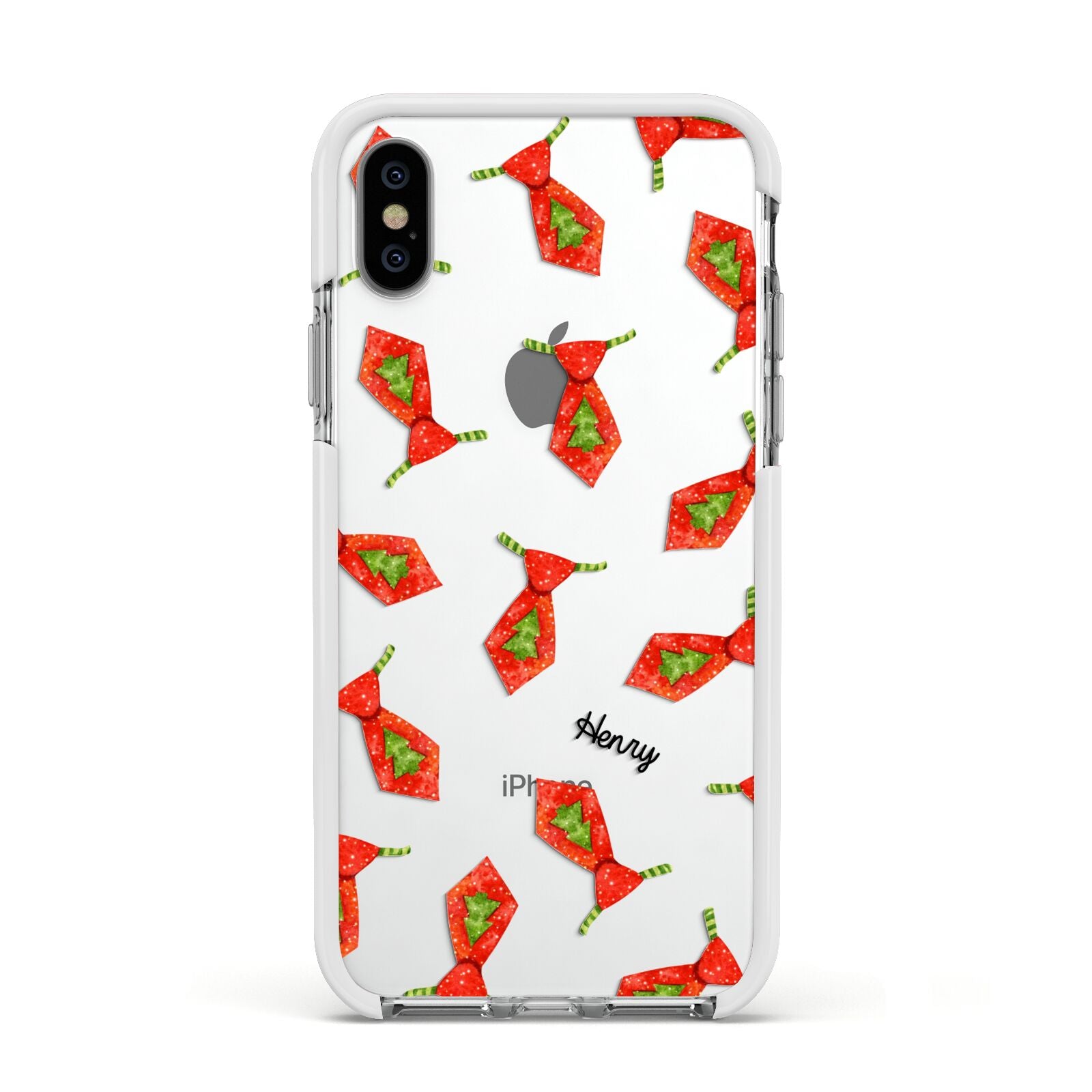 Christmas Tie Pattern Apple iPhone Xs Impact Case White Edge on Silver Phone