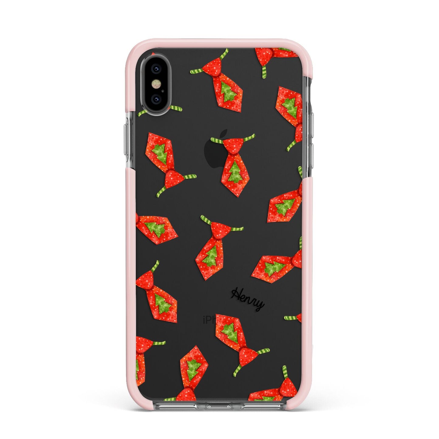 Christmas Tie Pattern Apple iPhone Xs Max Impact Case Pink Edge on Black Phone