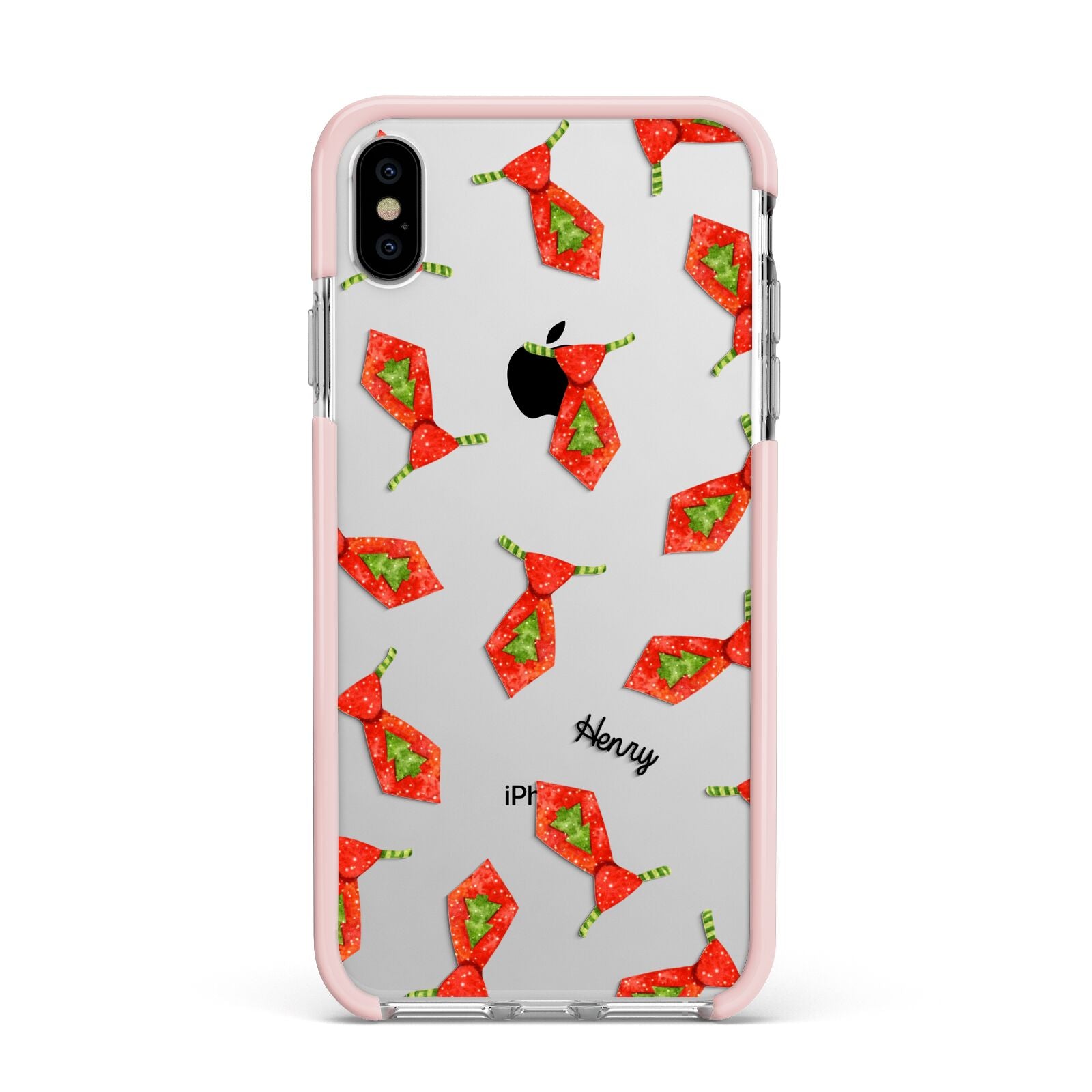 Christmas Tie Pattern Apple iPhone Xs Max Impact Case Pink Edge on Silver Phone