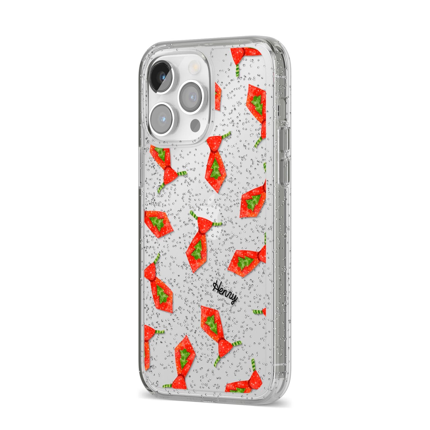 Christmas Tie Pattern iPhone 14 Pro Max Glitter Tough Case Silver Angled Image