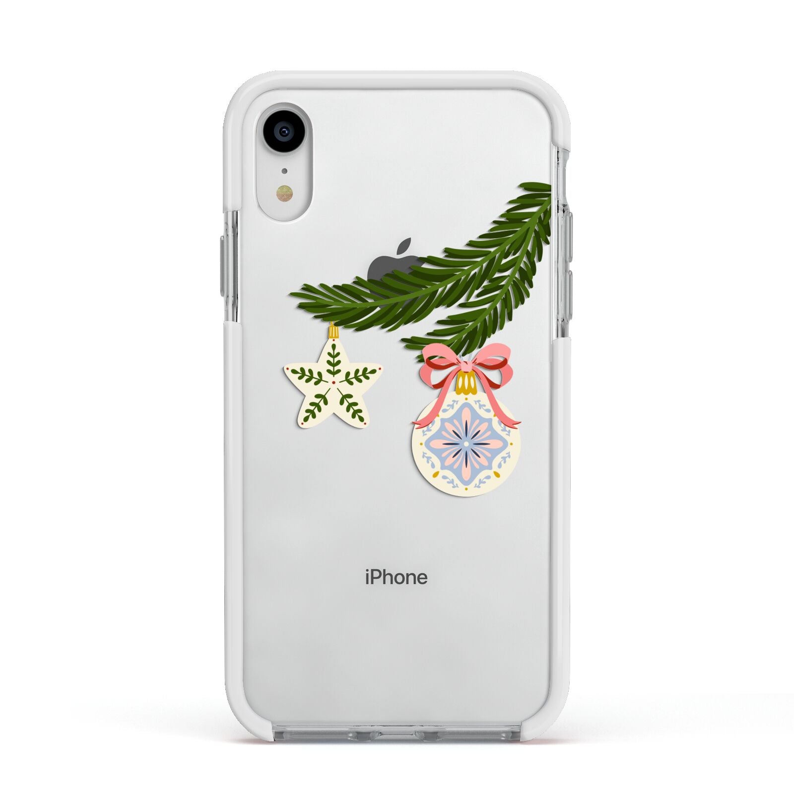 Christmas Tree Branch Apple iPhone XR Impact Case White Edge on Silver Phone