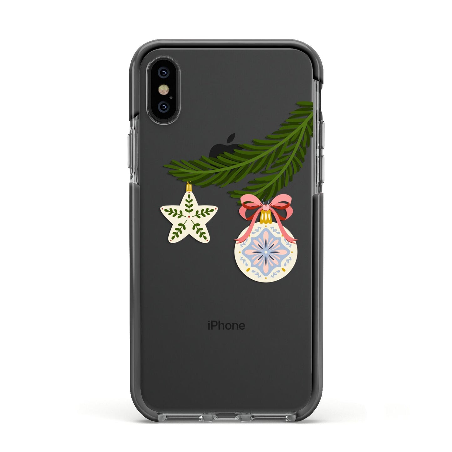 Christmas Tree Branch Apple iPhone Xs Impact Case Black Edge on Black Phone