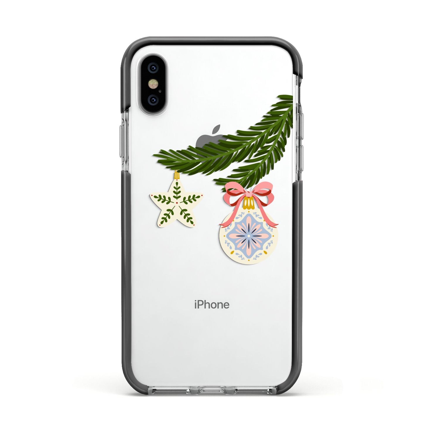 Christmas Tree Branch Apple iPhone Xs Impact Case Black Edge on Silver Phone