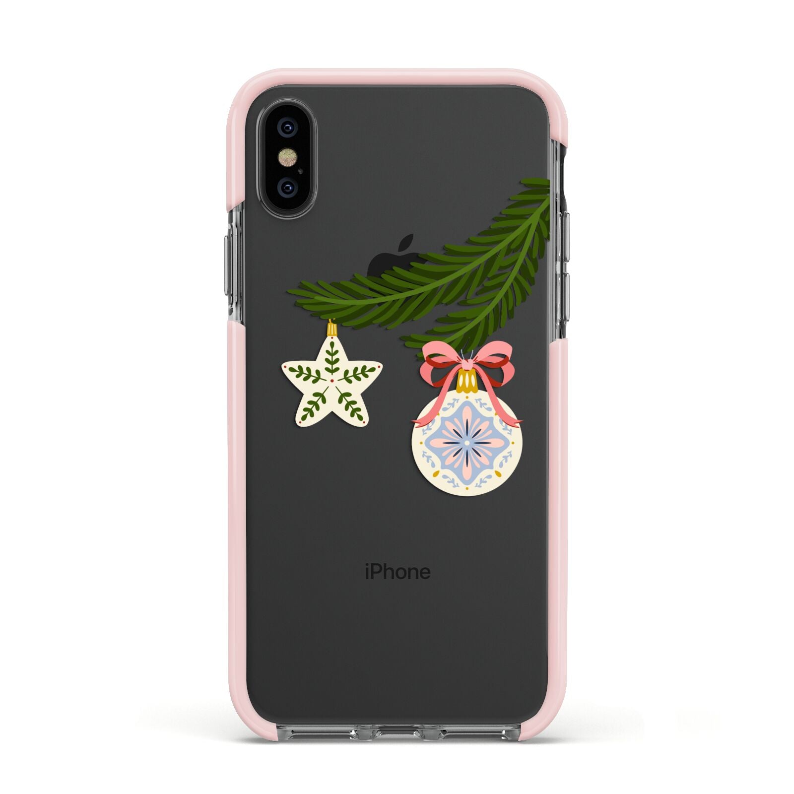 Christmas Tree Branch Apple iPhone Xs Impact Case Pink Edge on Black Phone