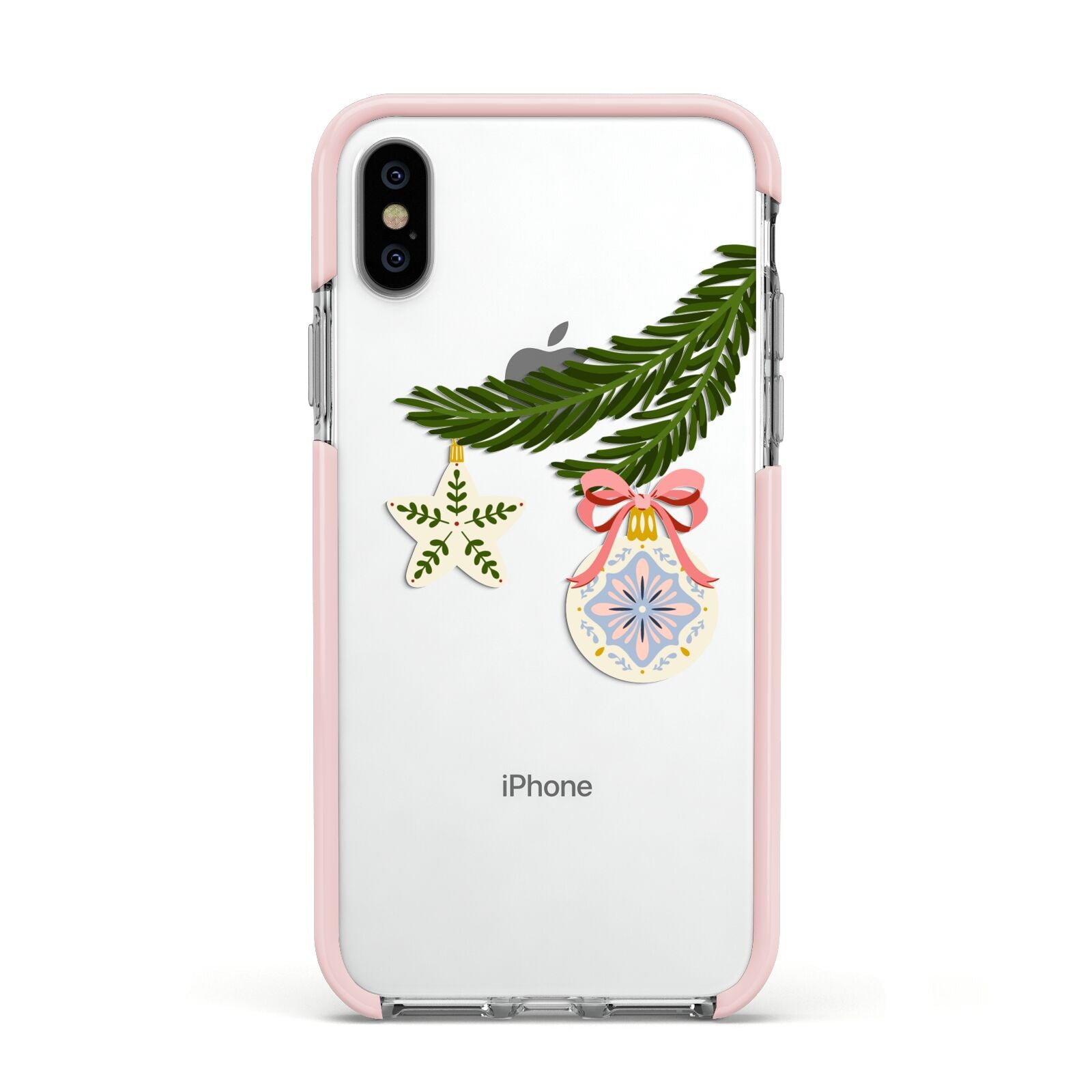 Christmas Tree Branch Apple iPhone Xs Impact Case Pink Edge on Silver Phone