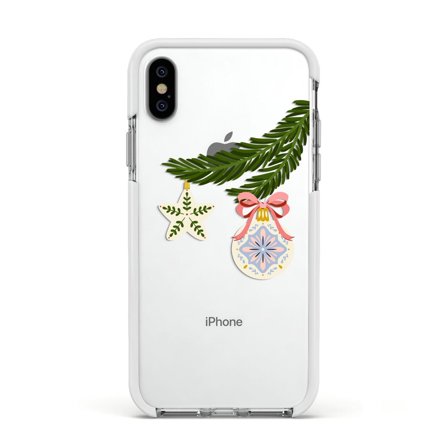 Christmas Tree Branch Apple iPhone Xs Impact Case White Edge on Silver Phone