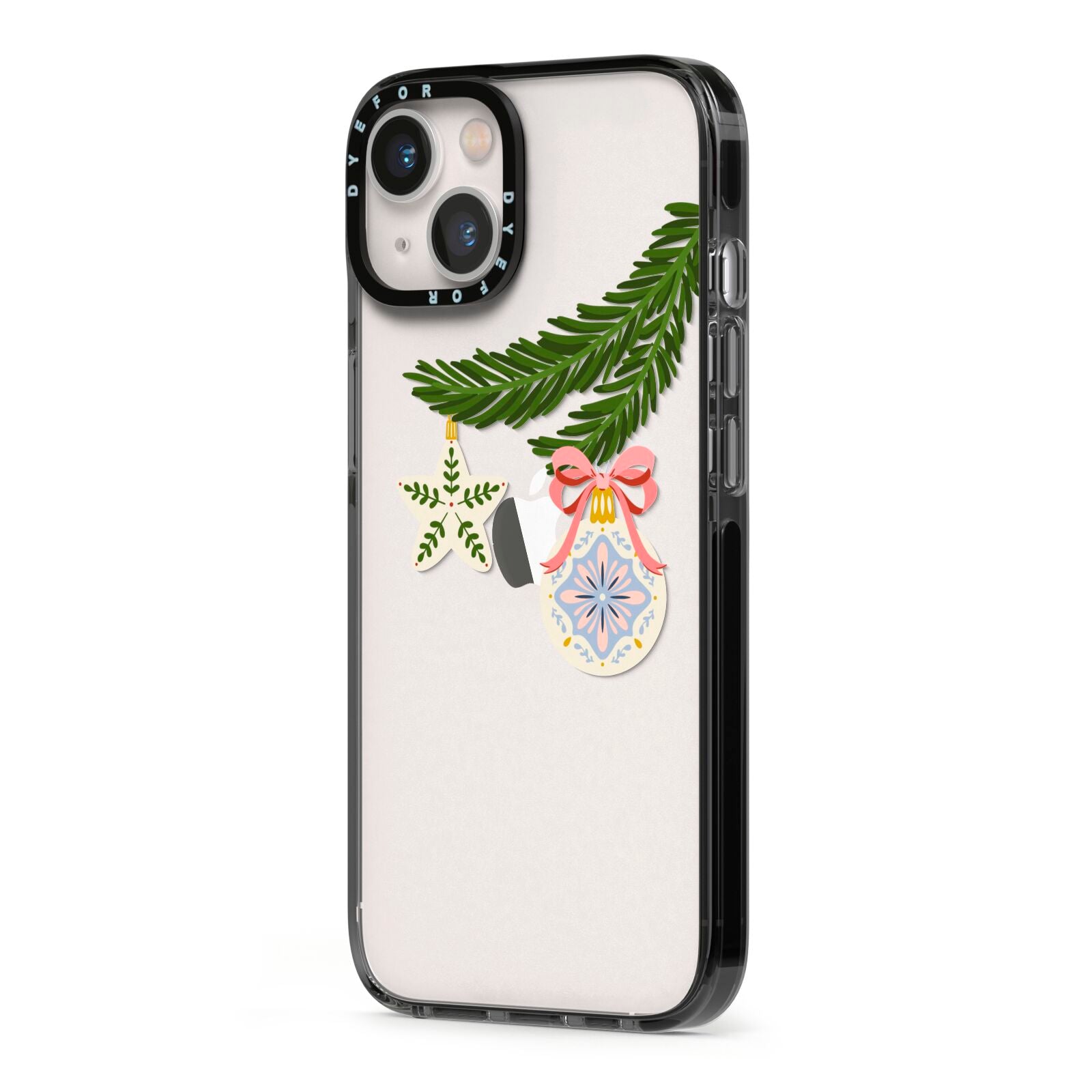 Christmas Tree Branch iPhone 13 Black Impact Case Side Angle on Silver phone