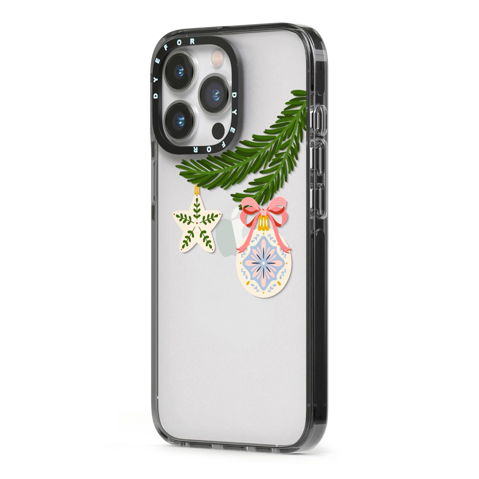 Christmas Tree Branch iPhone 13 Pro Black Impact Case Side Angle on Silver phone