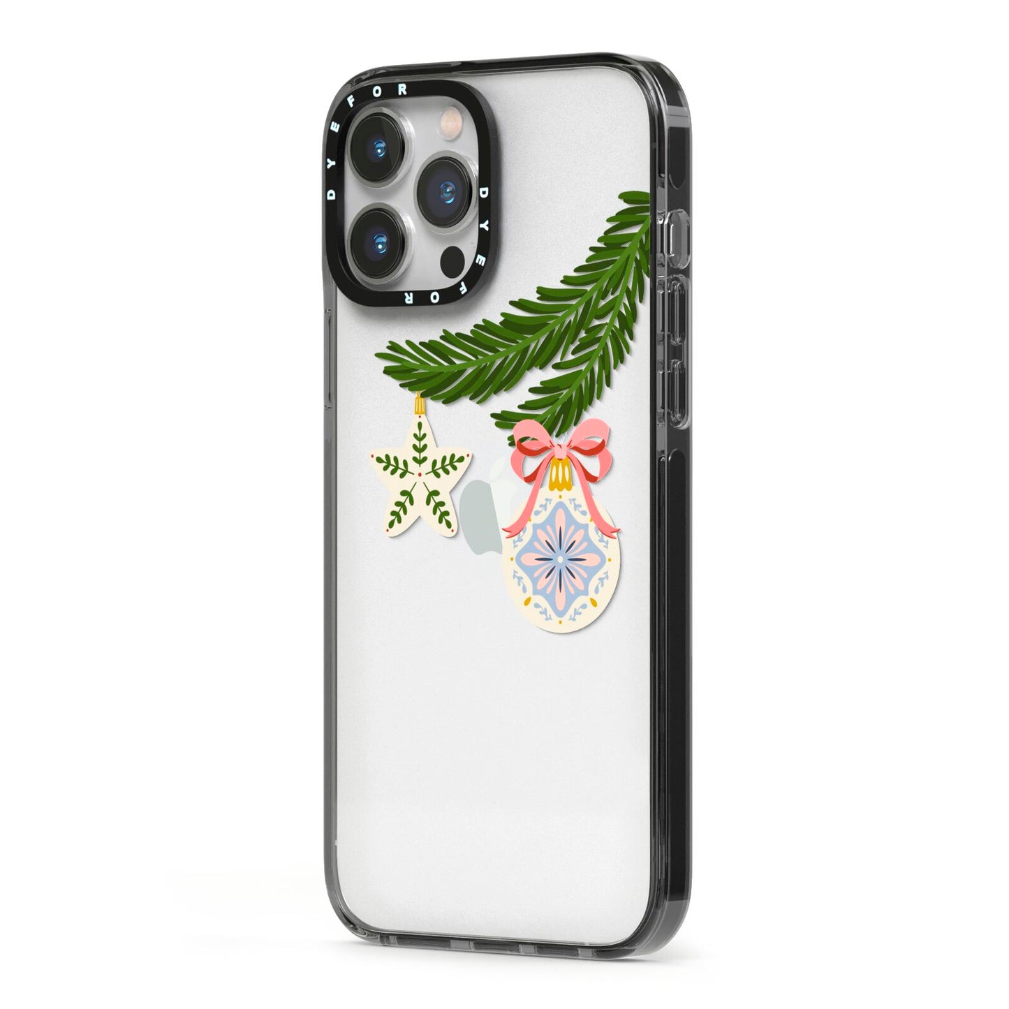 Christmas Tree Branch iPhone 13 Pro Max Black Impact Case Side Angle on Silver phone