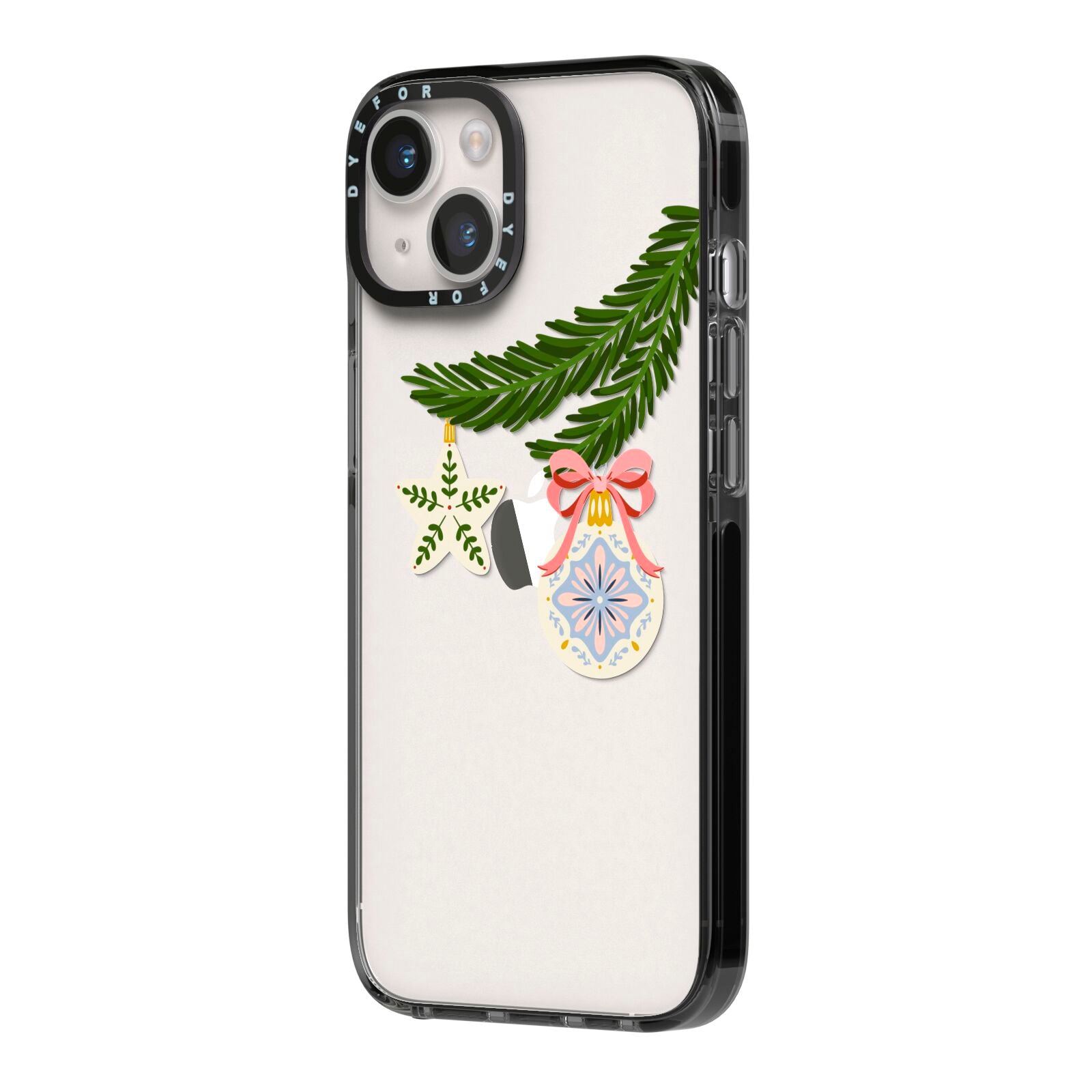 Christmas Tree Branch iPhone 14 Black Impact Case Side Angle on Silver phone