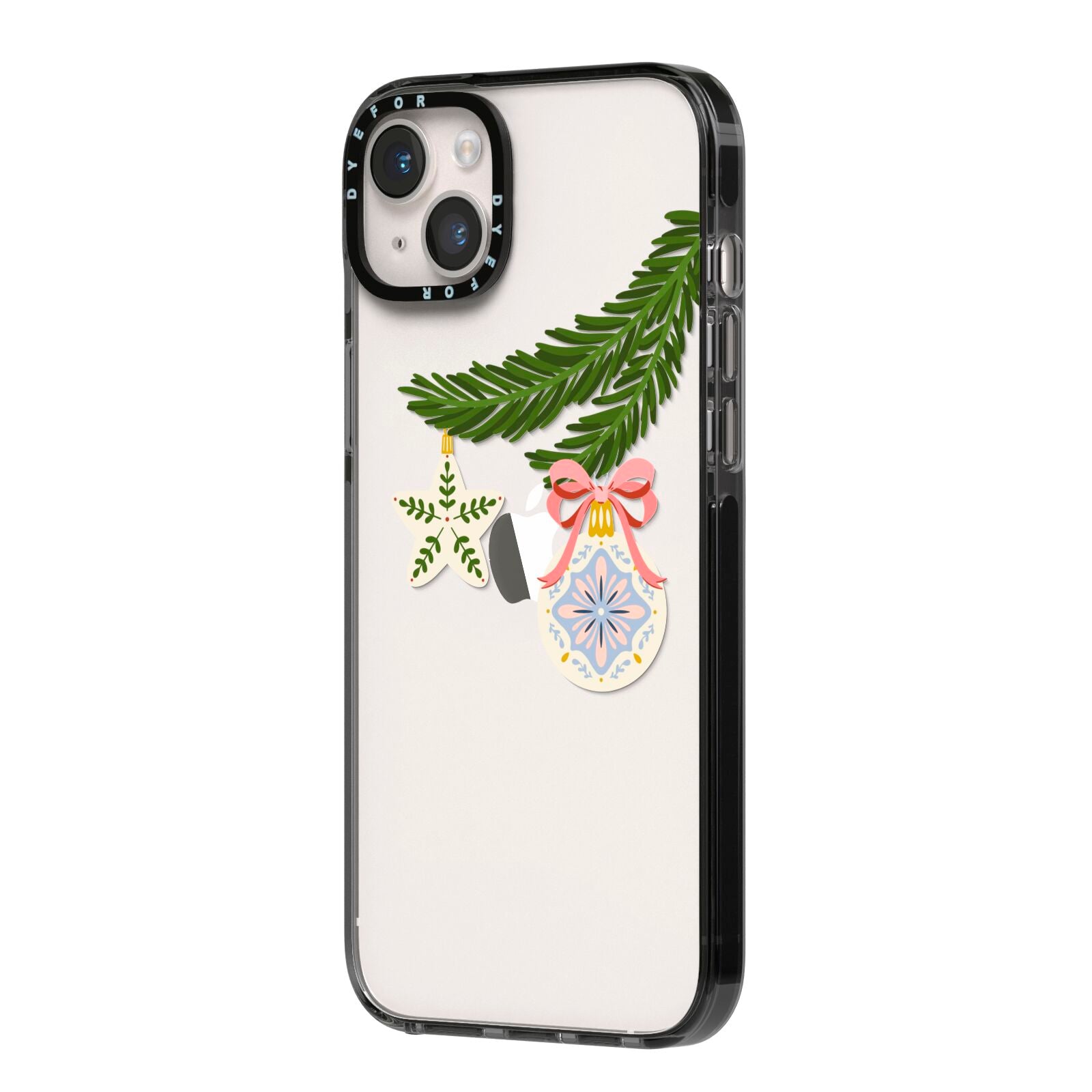 Christmas Tree Branch iPhone 14 Plus Black Impact Case Side Angle on Silver phone