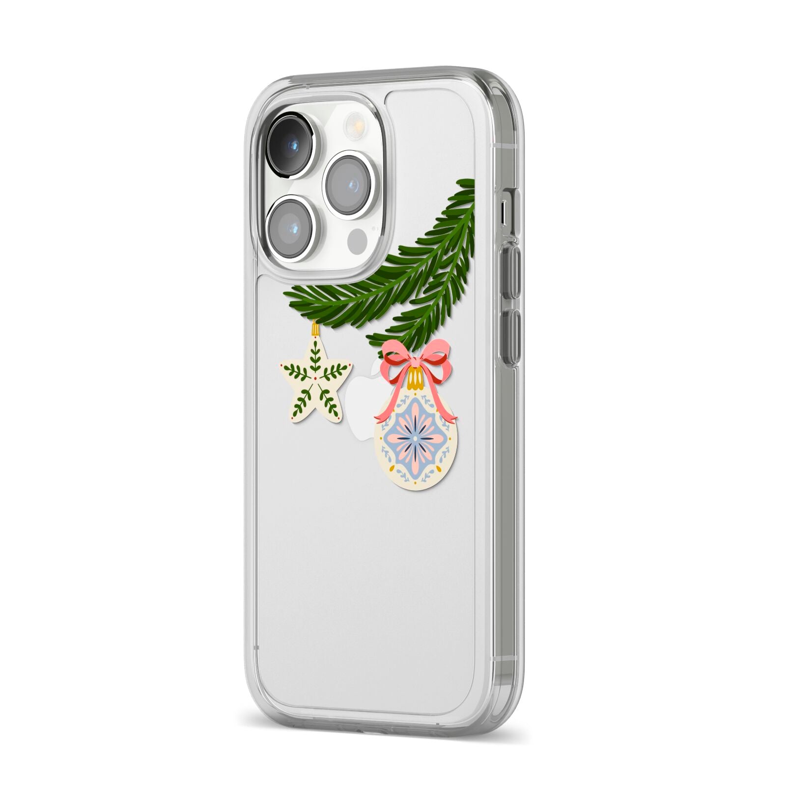 Christmas Tree Branch iPhone 14 Pro Clear Tough Case Silver Angled Image