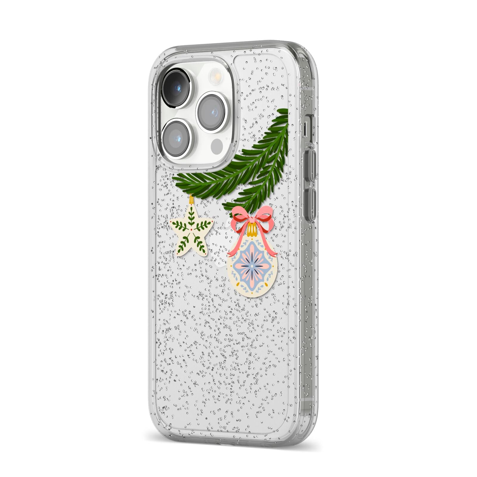 Christmas Tree Branch iPhone 14 Pro Glitter Tough Case Silver Angled Image