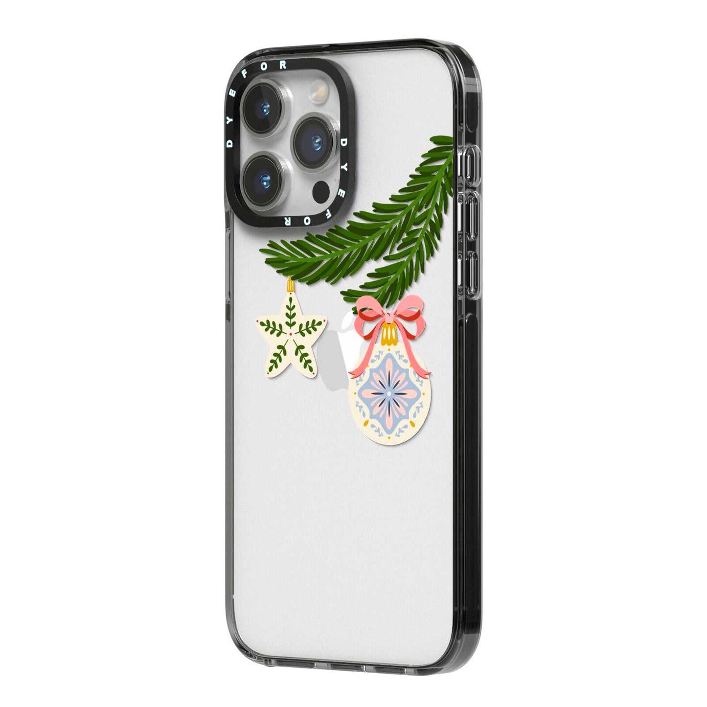 Christmas Tree Branch iPhone 14 Pro Max Black Impact Case Side Angle on Silver phone