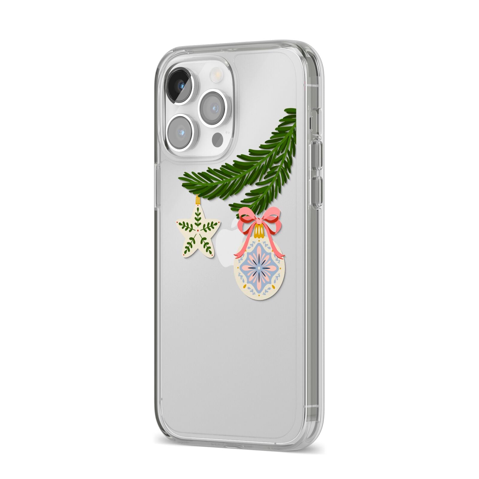 Christmas Tree Branch iPhone 14 Pro Max Clear Tough Case Silver Angled Image