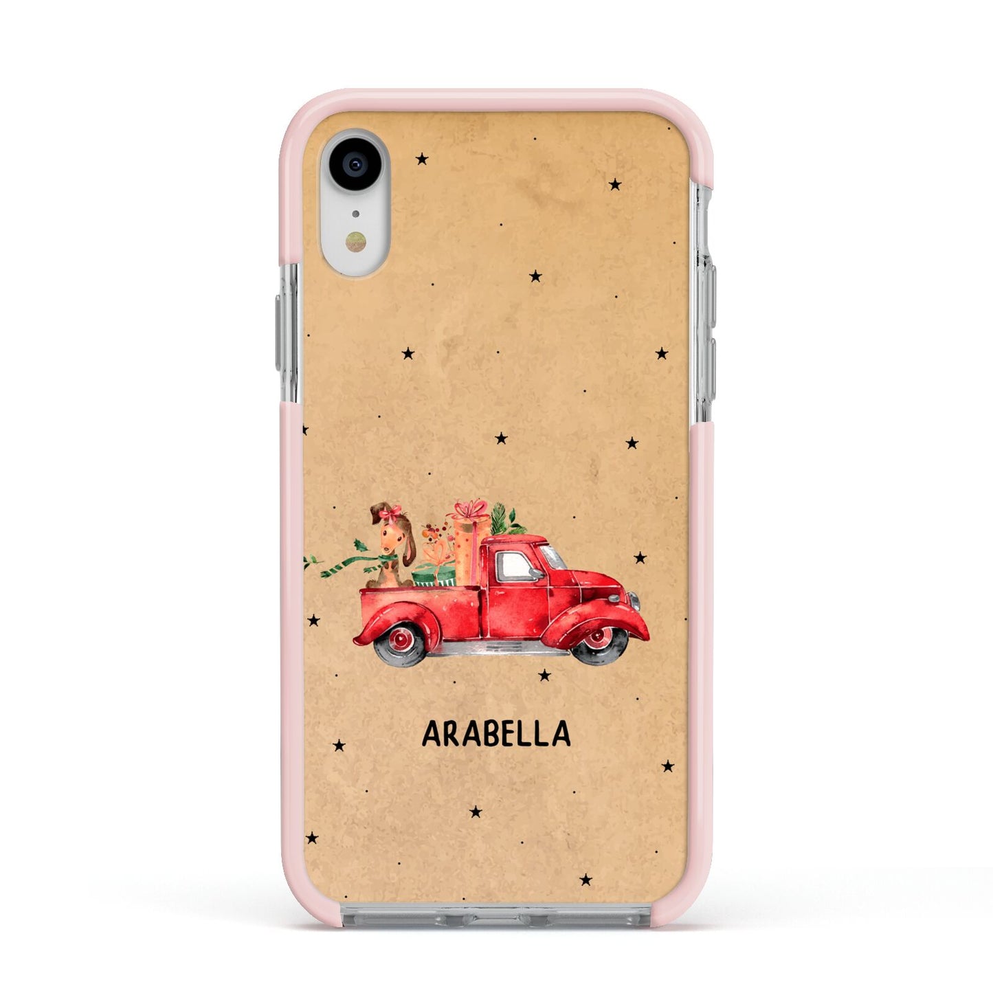 Christmas Truck Personalised Apple iPhone XR Impact Case Pink Edge on Silver Phone