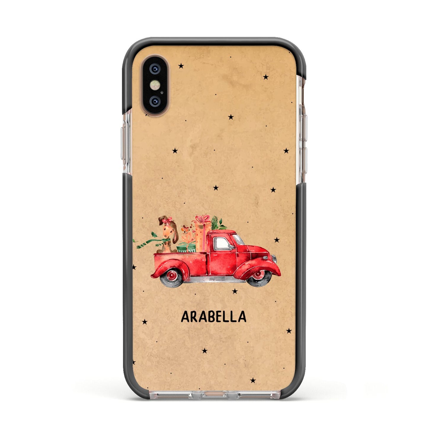 Christmas Truck Personalised Apple iPhone Xs Impact Case Black Edge on Gold Phone