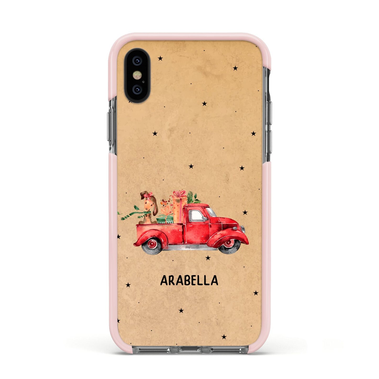 Christmas Truck Personalised Apple iPhone Xs Impact Case Pink Edge on Black Phone