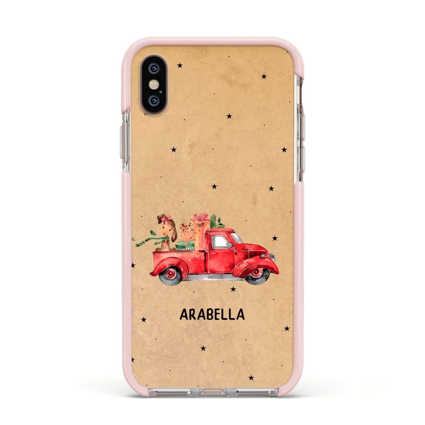 Christmas Truck Personalised Apple iPhone Xs Impact Case Pink Edge on Gold Phone