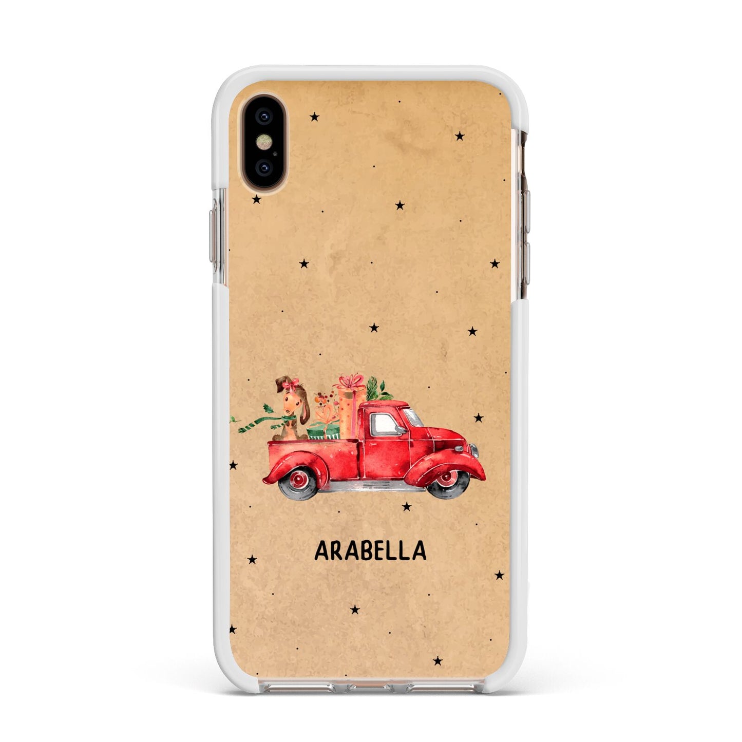 Christmas Truck Personalised Apple iPhone Xs Max Impact Case White Edge on Gold Phone