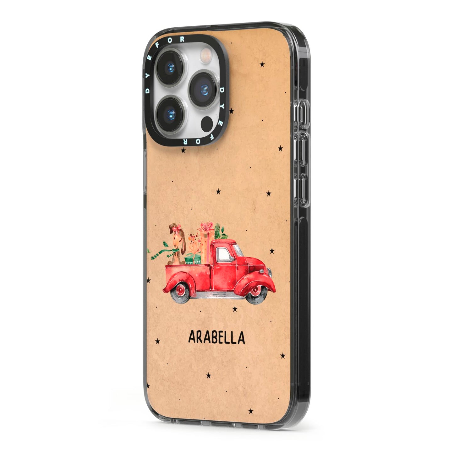 Christmas Truck Personalised iPhone 13 Pro Black Impact Case Side Angle on Silver phone