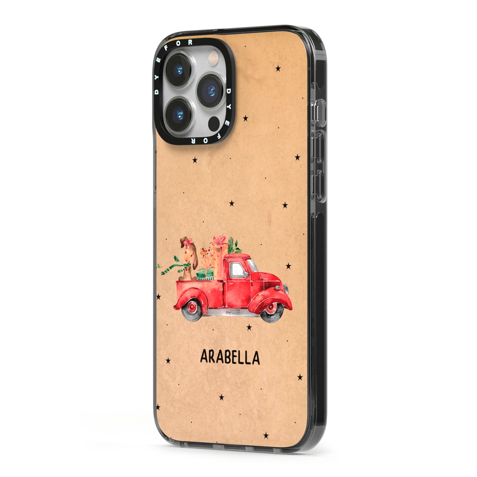 Christmas Truck Personalised iPhone 13 Pro Max Black Impact Case Side Angle on Silver phone