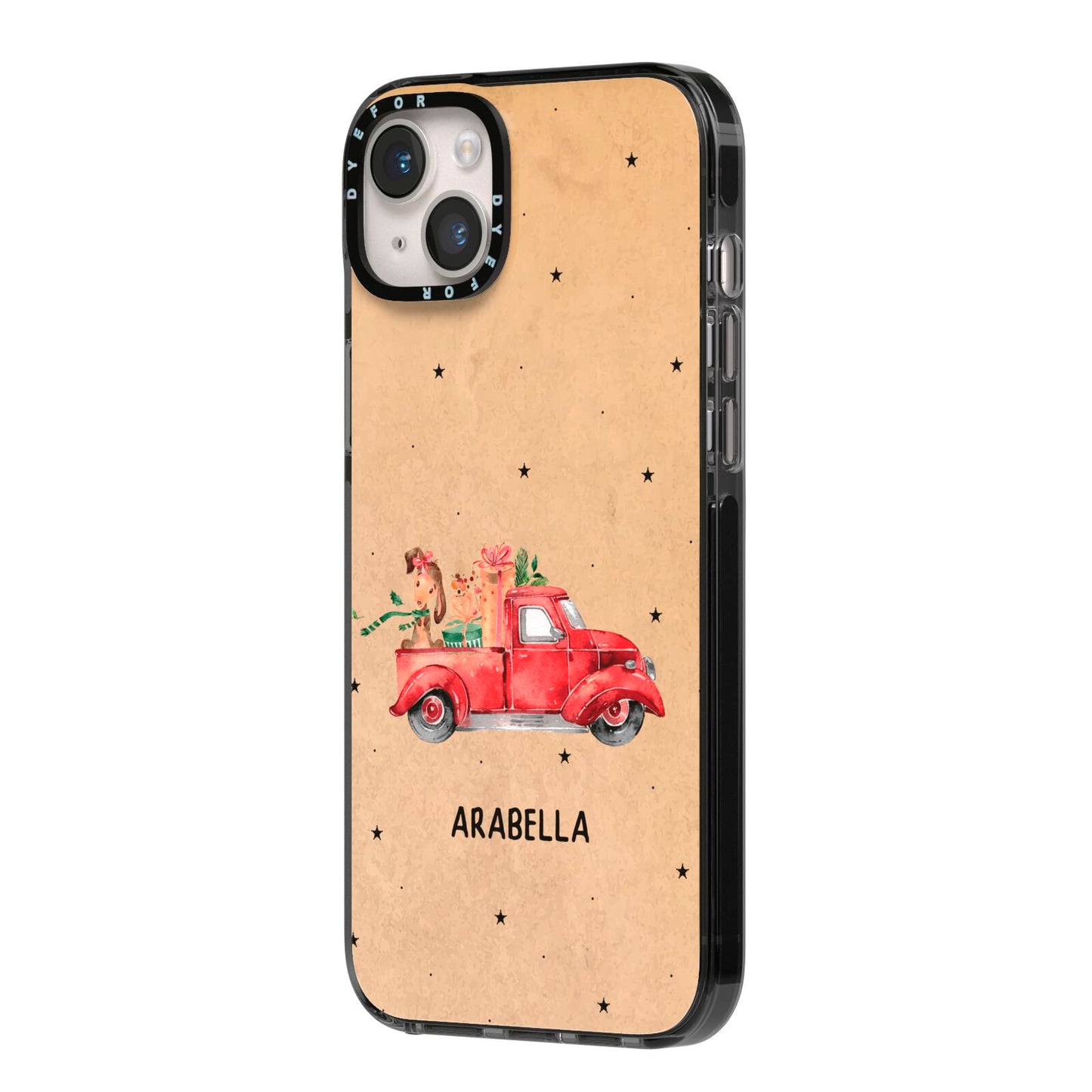 Christmas Truck Personalised iPhone 14 Plus Black Impact Case Side Angle on Silver phone