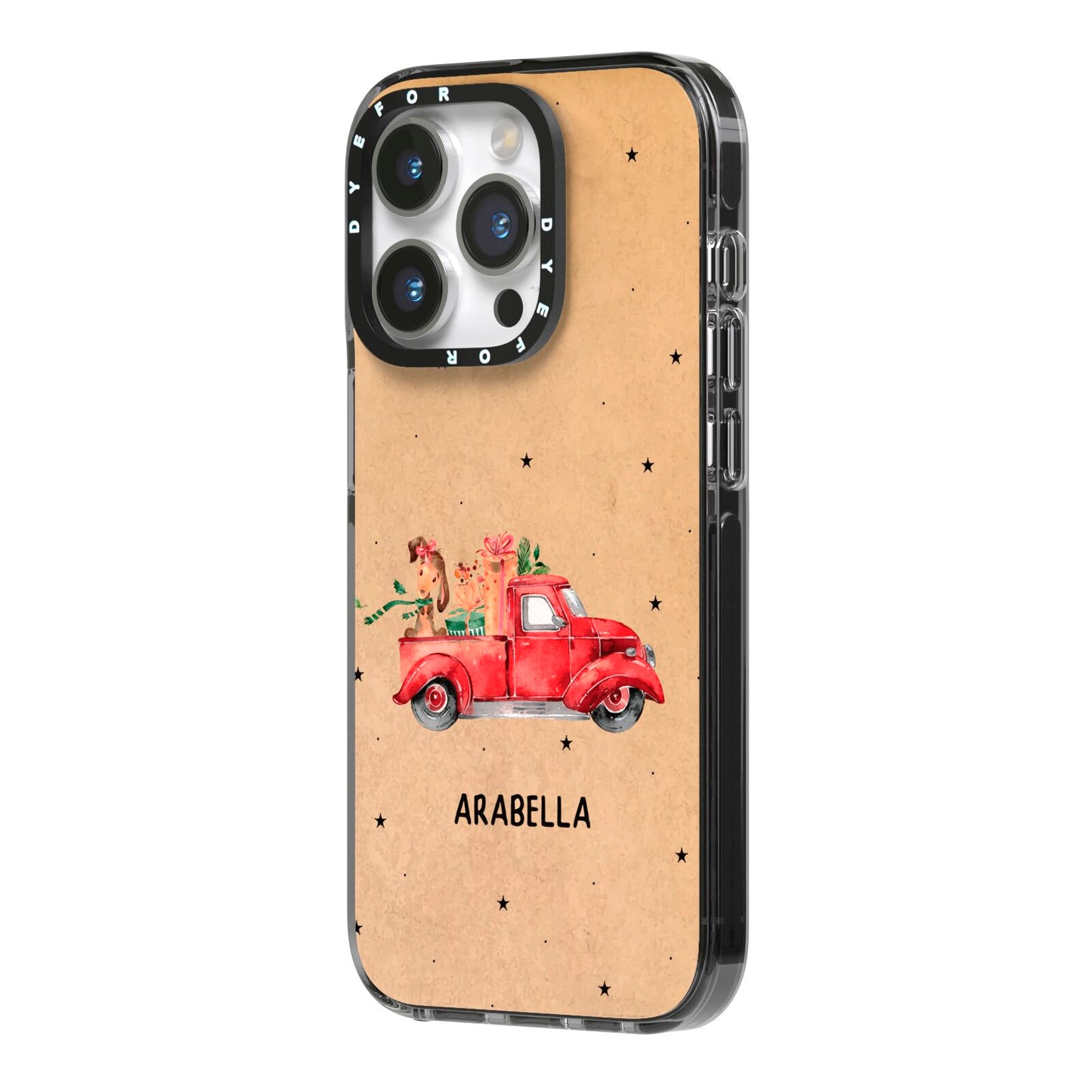 Christmas Truck Personalised iPhone 14 Pro Black Impact Case Side Angle on Silver phone