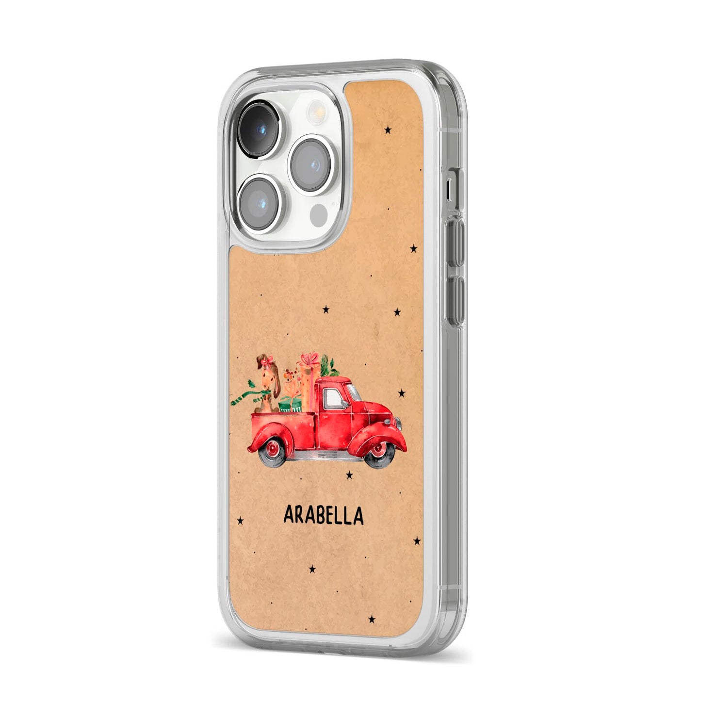 Christmas Truck Personalised iPhone 14 Pro Clear Tough Case Silver Angled Image