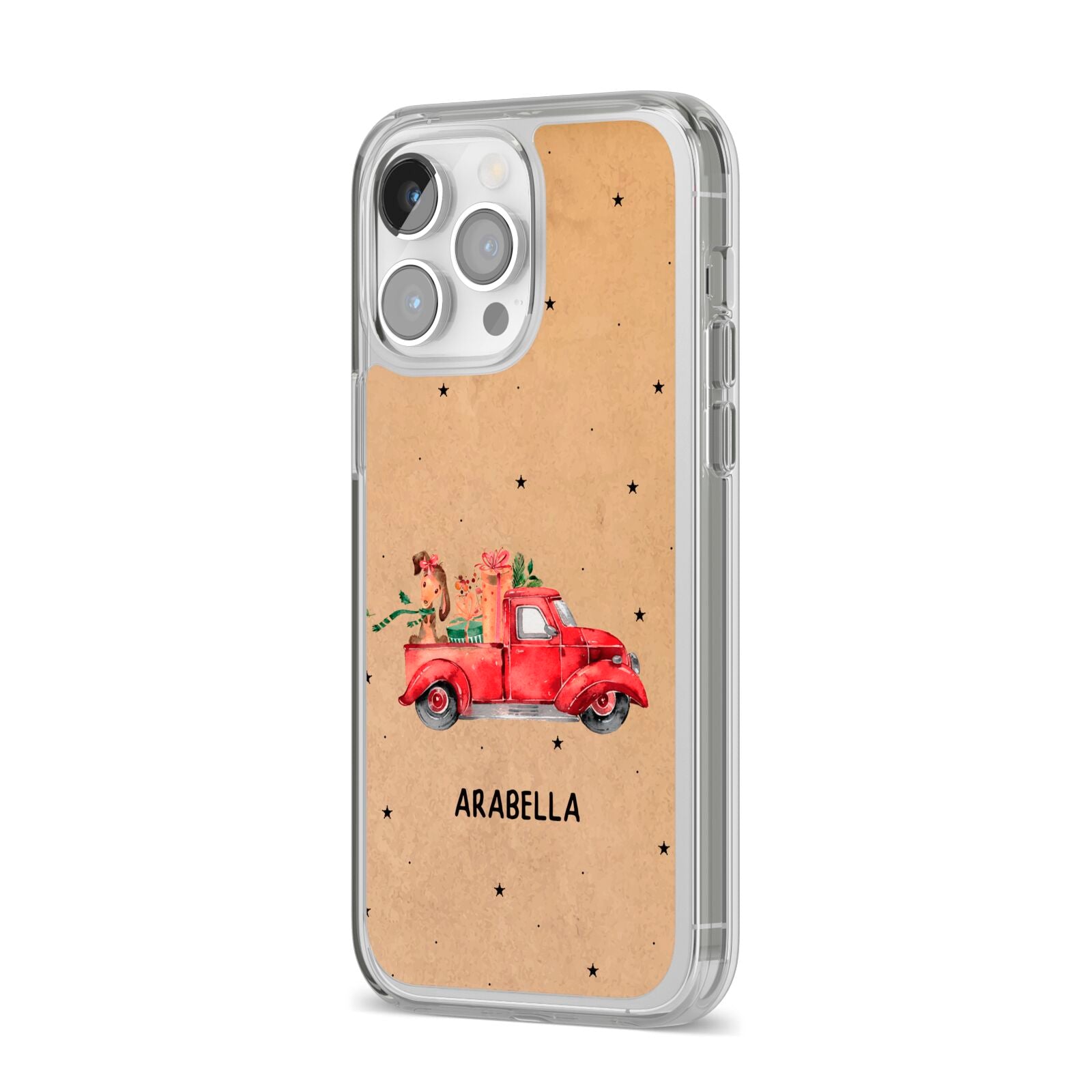 Christmas Truck Personalised iPhone 14 Pro Max Clear Tough Case Silver Angled Image