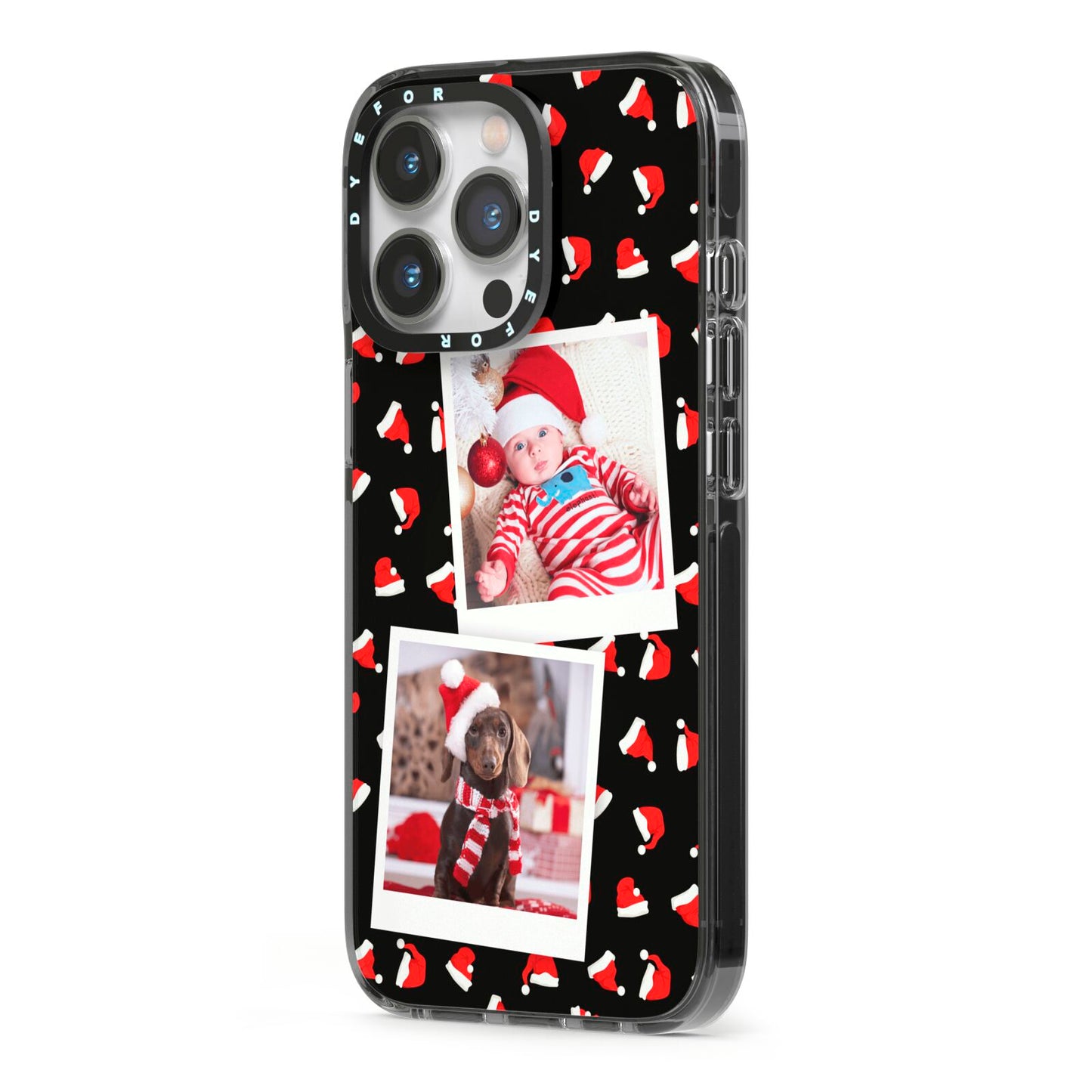 Christmas Two Photo iPhone 13 Pro Black Impact Case Side Angle on Silver phone