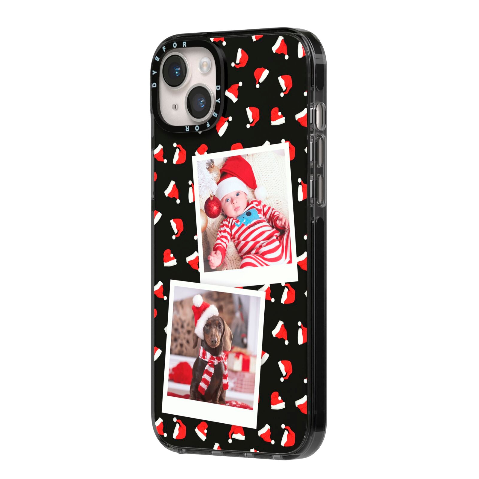 Christmas Two Photo iPhone 14 Plus Black Impact Case Side Angle on Silver phone