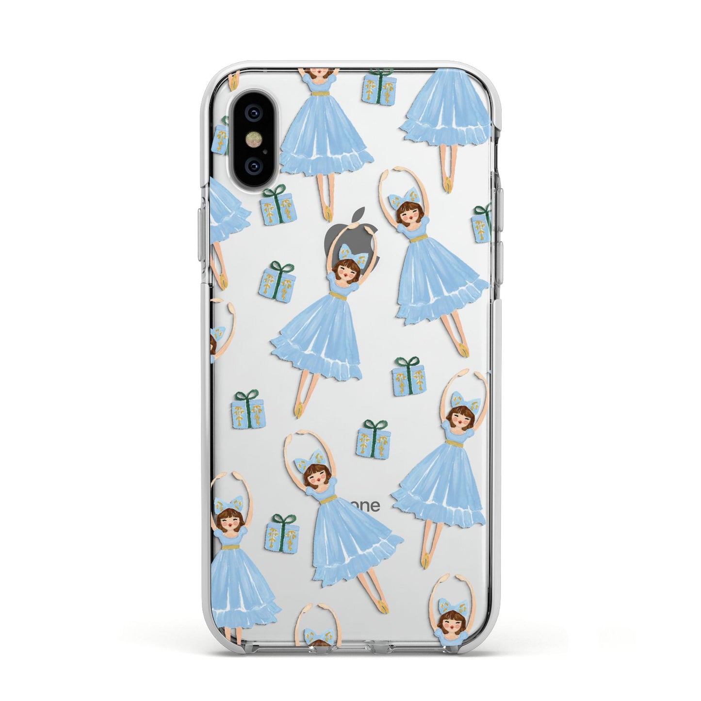 Christmas ballerina present Apple iPhone Xs Impact Case White Edge on Silver Phone