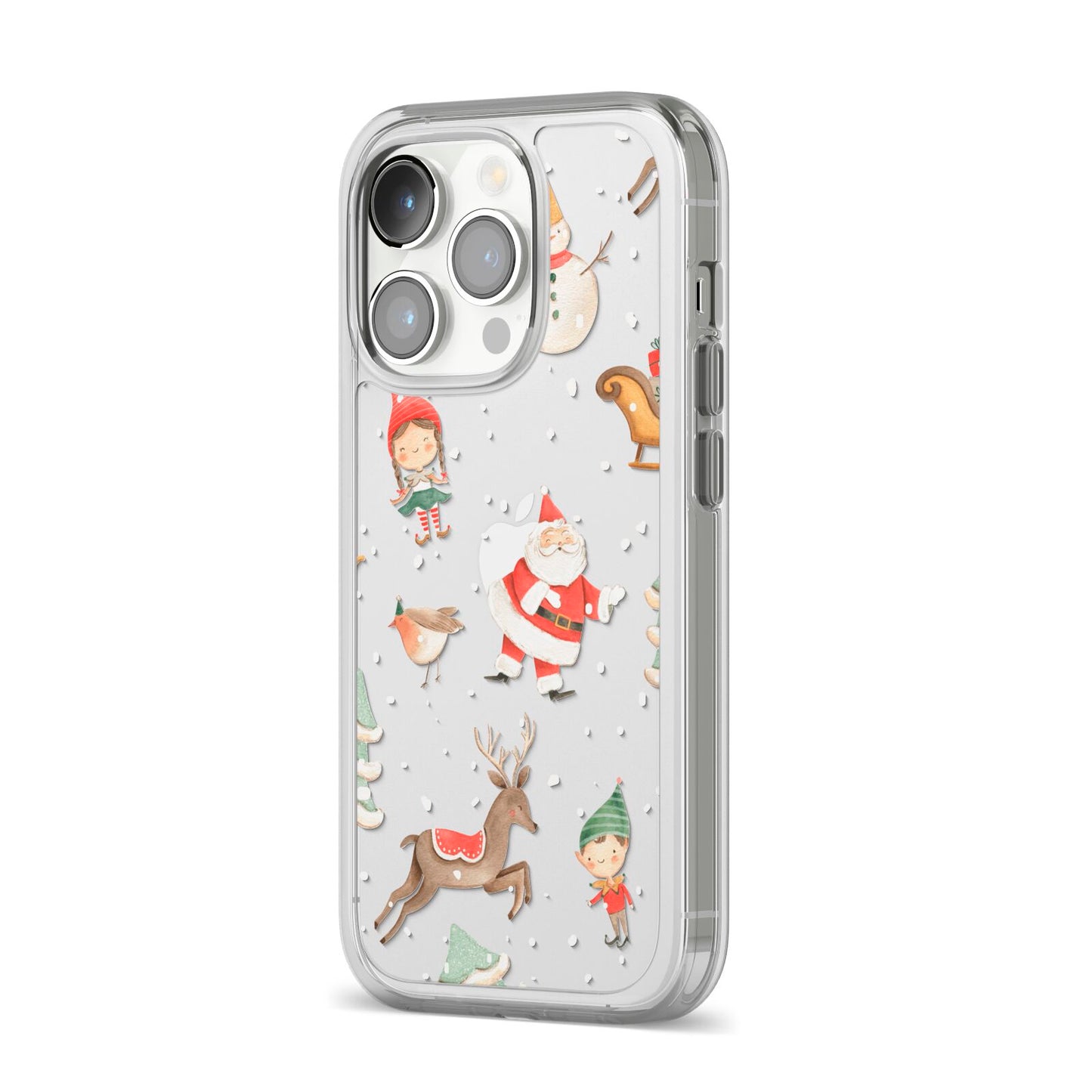 Christmas iPhone 14 Pro Clear Tough Case Silver Angled Image