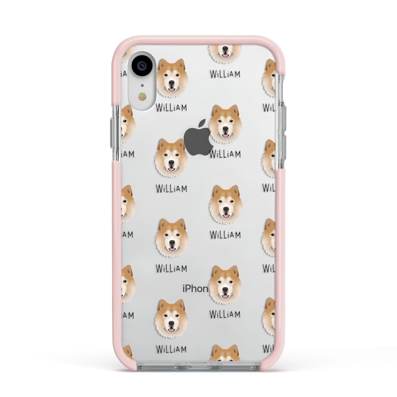 Chusky Icon with Name Apple iPhone XR Impact Case Pink Edge on Silver Phone