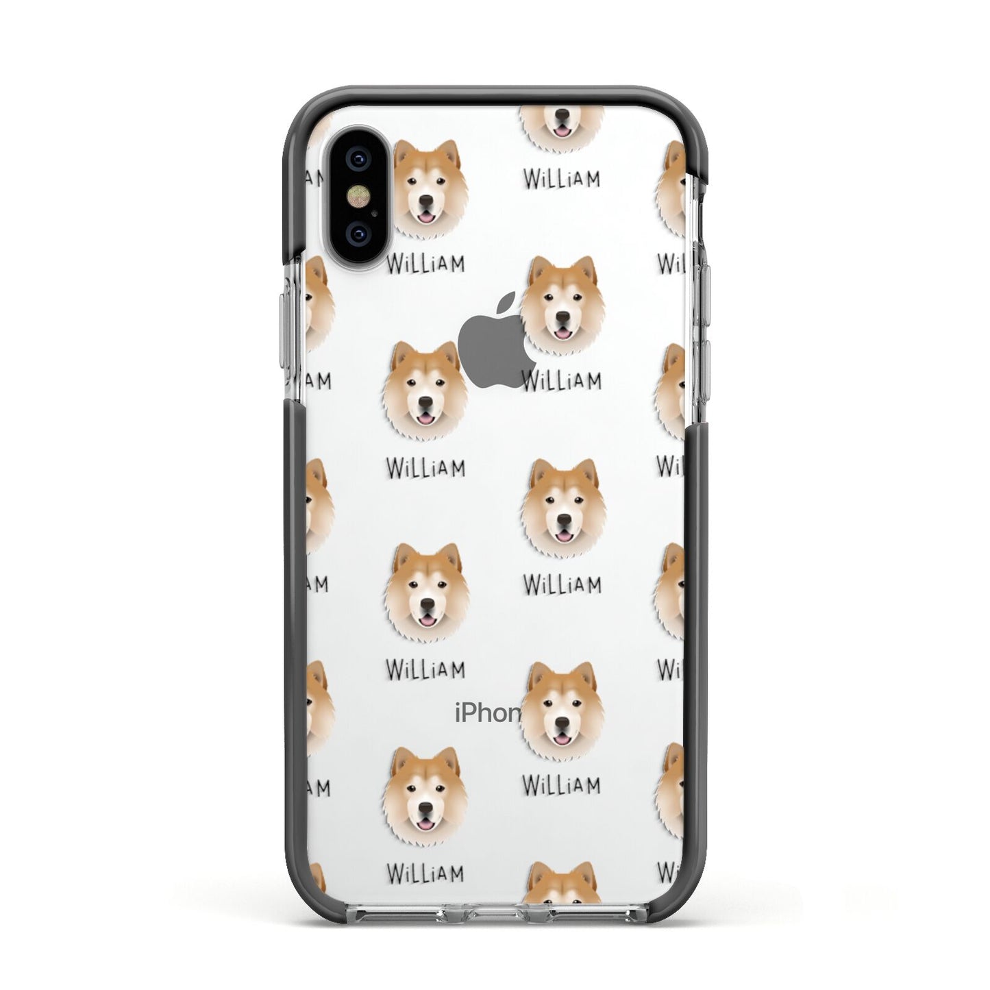 Chusky Icon with Name Apple iPhone Xs Impact Case Black Edge on Silver Phone
