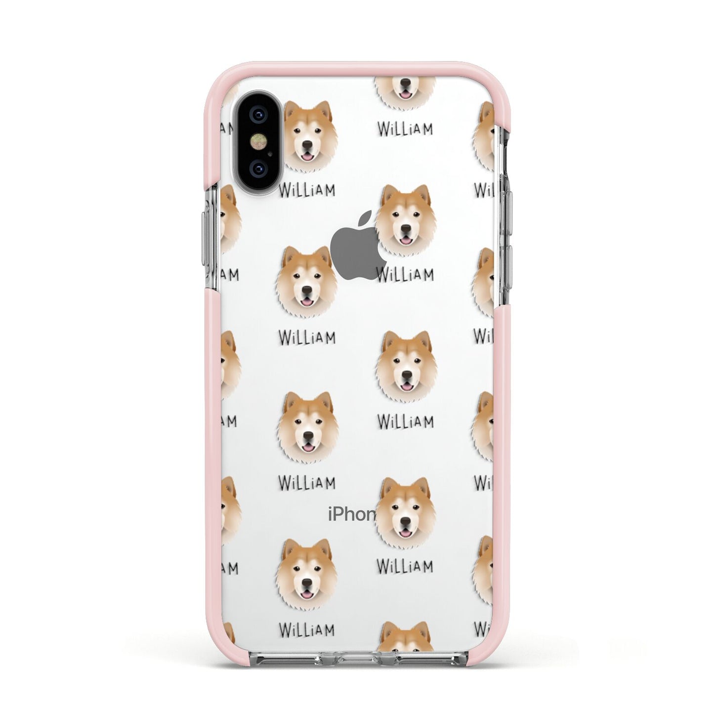 Chusky Icon with Name Apple iPhone Xs Impact Case Pink Edge on Silver Phone