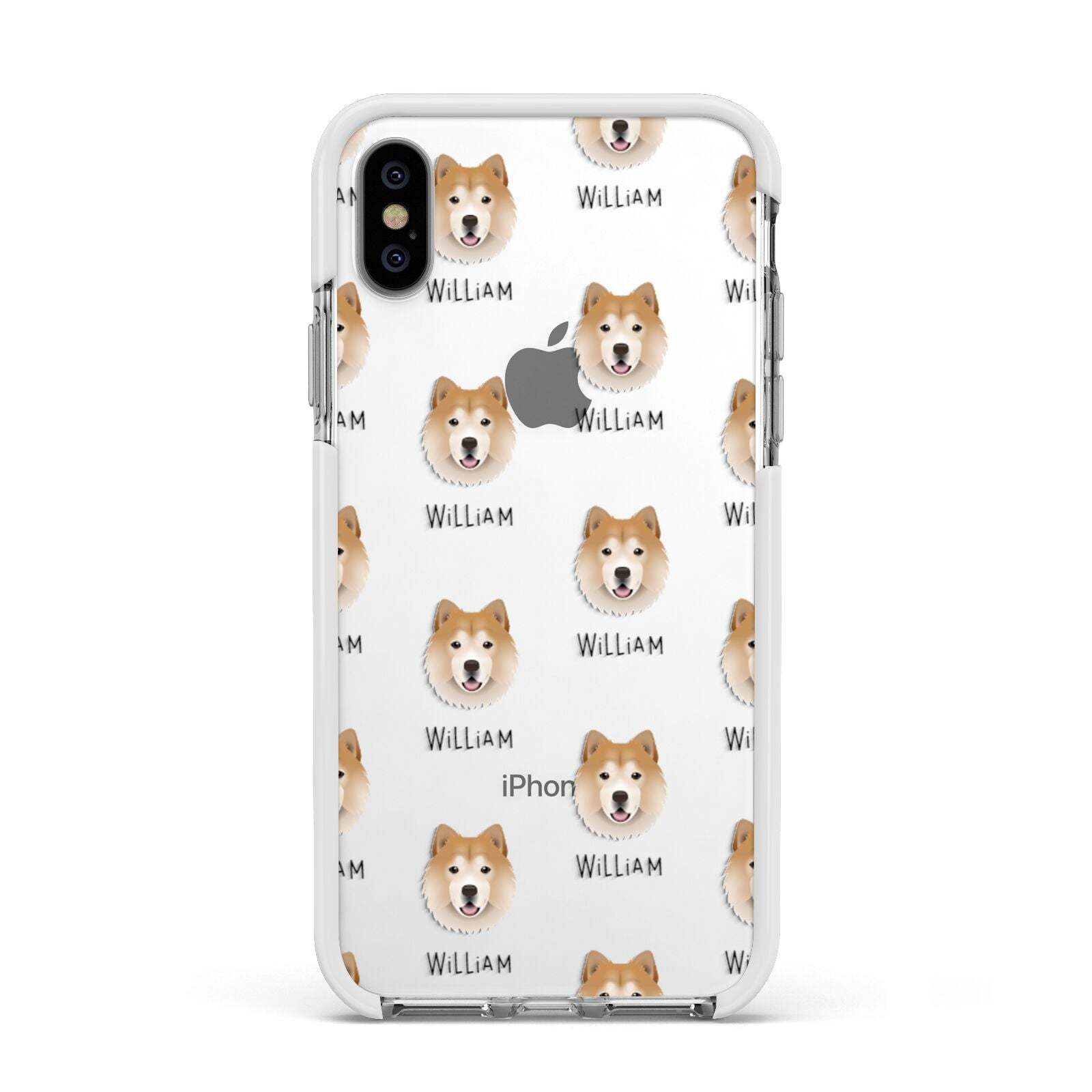 Chusky Icon with Name Apple iPhone Xs Impact Case White Edge on Silver Phone