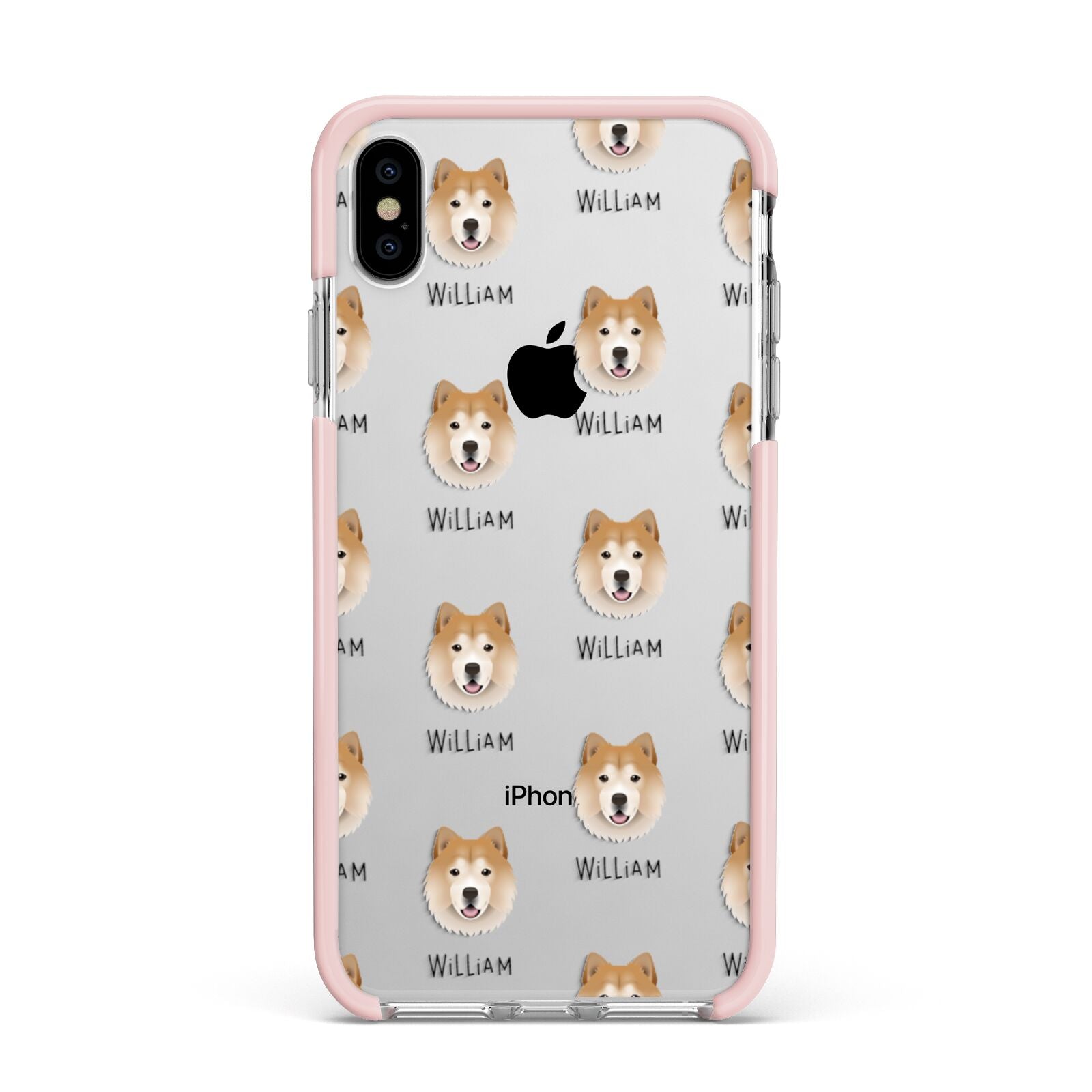 Chusky Icon with Name Apple iPhone Xs Max Impact Case Pink Edge on Silver Phone