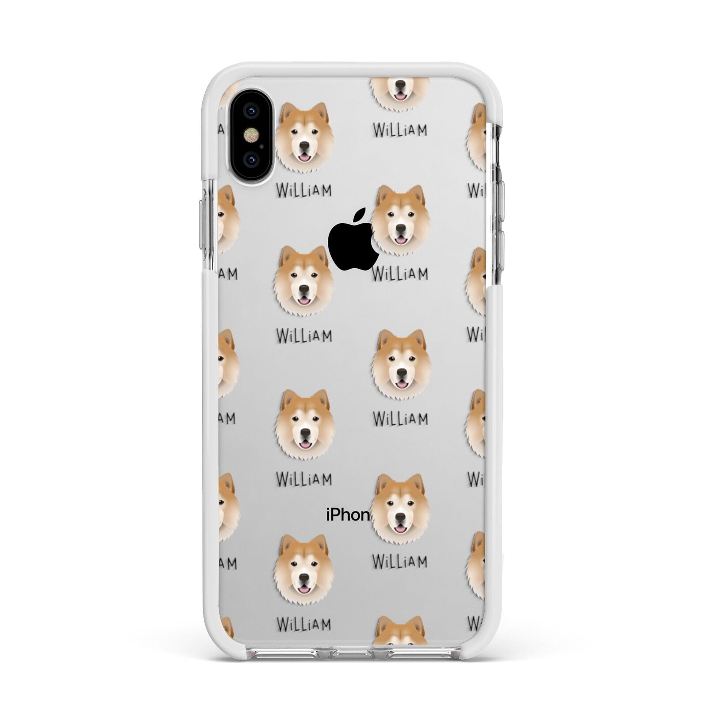 Chusky Icon with Name Apple iPhone Xs Max Impact Case White Edge on Silver Phone
