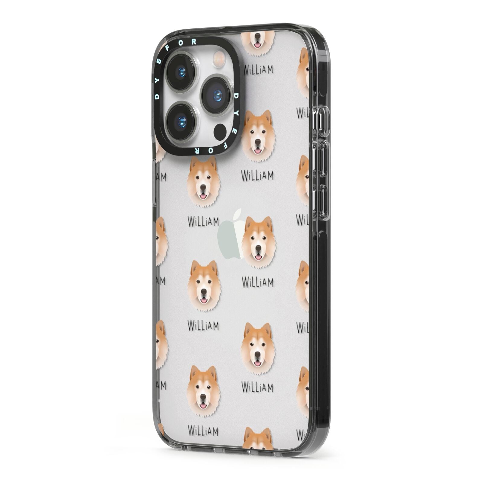 Chusky Icon with Name iPhone 13 Pro Black Impact Case Side Angle on Silver phone
